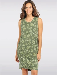 Long Printed Balloon Fit Tank Dress with Front Pockets & Asymmetric Hi-Low Hem
