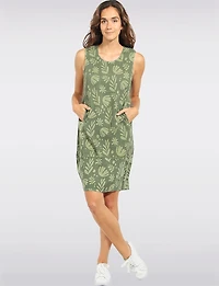 Long Printed Balloon Fit Tank Dress with Front Pockets & Asymmetric Hi-Low Hem