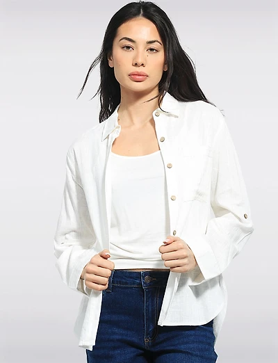 Tailored Linen Blend Hi-Low Long-Sleeve Button-Down Airy Shirt by Julia Paradis