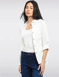 Tailored Linen Blend  Hi-Low Long-Sleeve Button-Down Airy Shirt by Julia Paradis