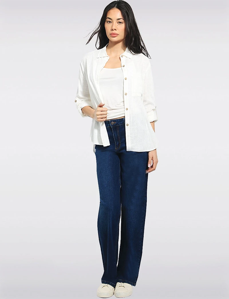 Tailored Linen Blend Hi-Low Long-Sleeve Button-Down Airy Shirt by Julia Paradis