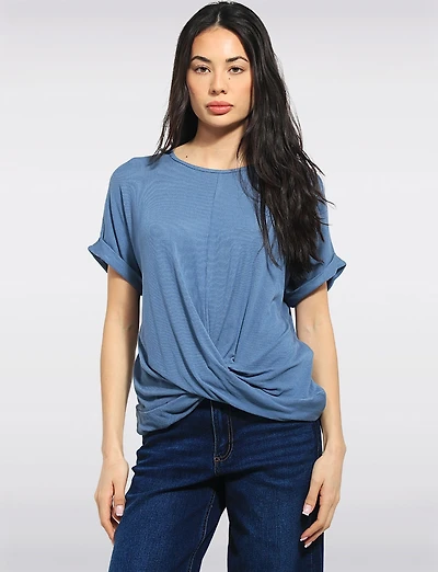 Lightweight Front-Twist Short-Sleeve Scoop Neck Stretch Top by Julia Paradis