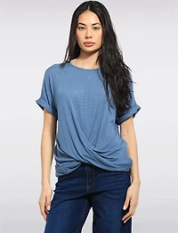 Lightweight Front-Twist Short-Sleeve Scoop Neck Stretch Top by Julia Paradis