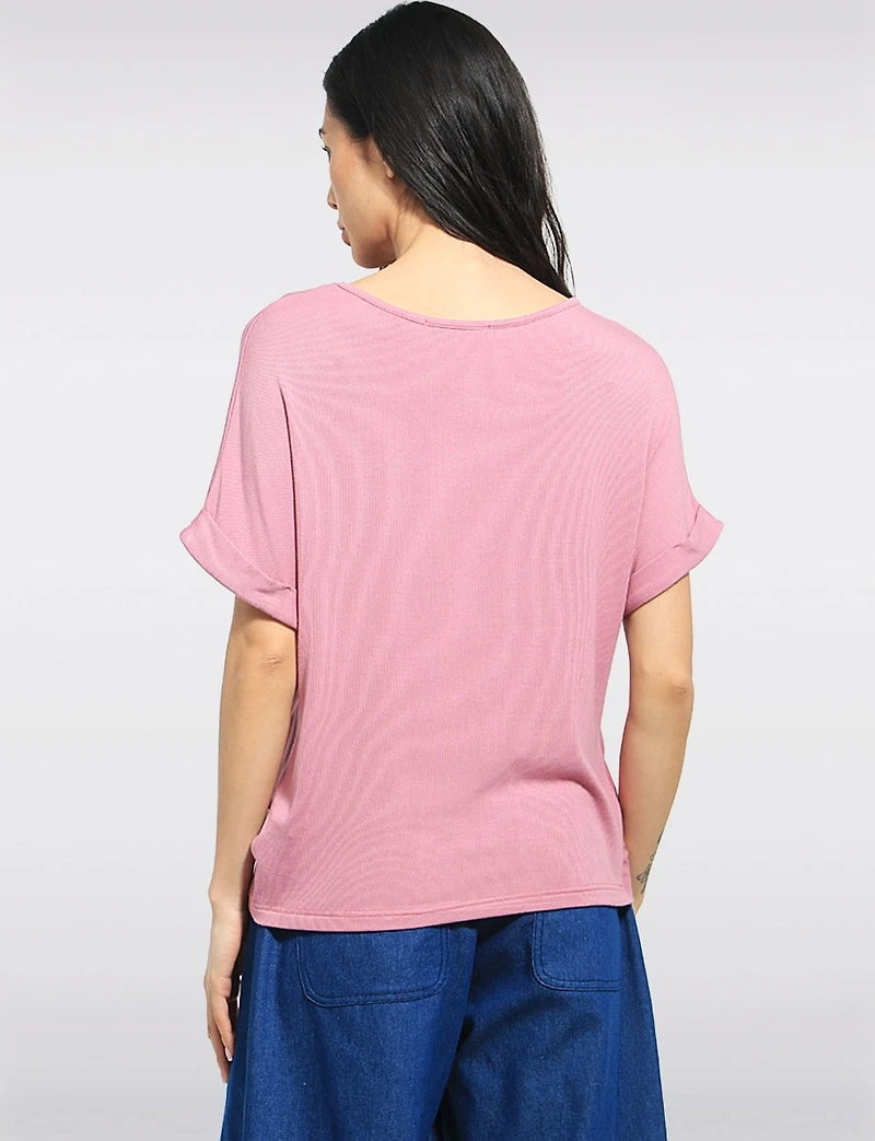 Lightweight Front-Twist Short-Sleeve Scoop Neck Stretch Top by Julia Paradis
