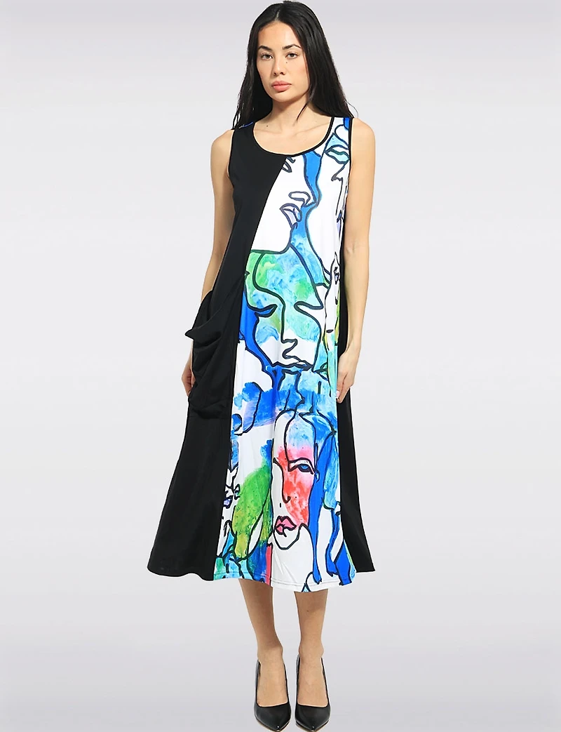 Colourful Abstract Face Print & Black Panel Sleeveless Dress by Fashion Concepts