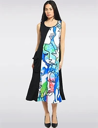 Colourful Abstract Face Print & Black Panel Sleeveless Dress by Fashion Concepts