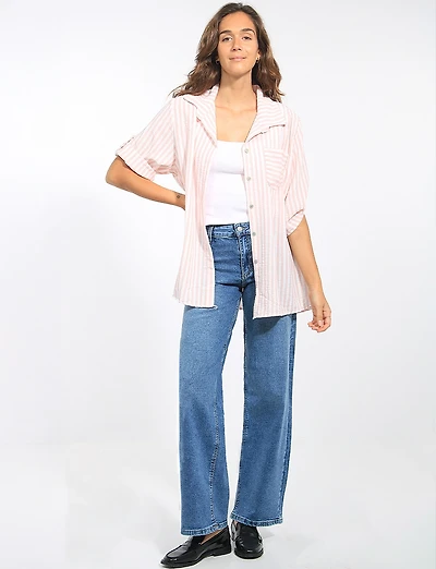 Classic High-Rise Wide-Leg Medium Stone Wash Stretch Jeans by Suko