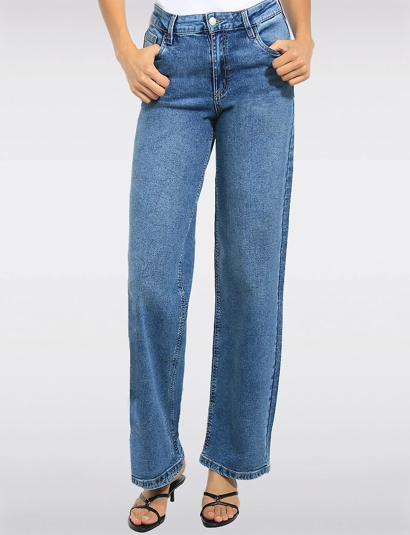 Classic High-Rise Wide-Leg Medium Stone Wash Stretch Jeans by Suko