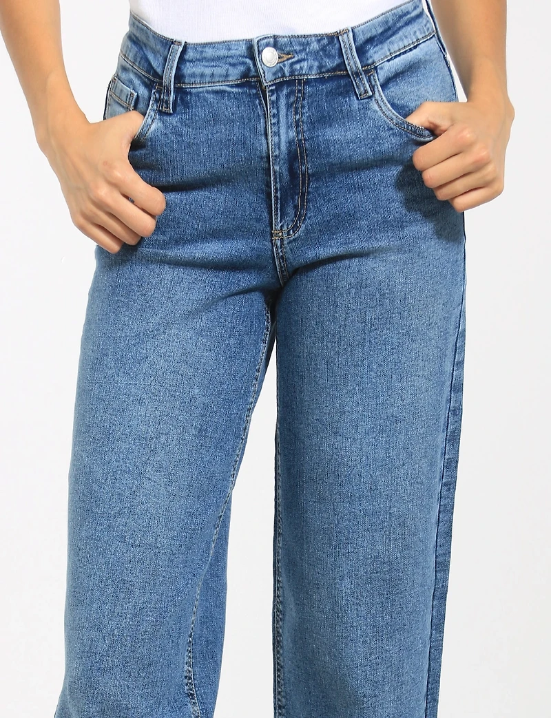 Classic High-Rise Wide-Leg Medium Stone Wash Stretch Jeans by Suko