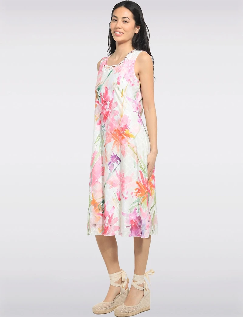 A-line Floral Print Sleeveless Midi Dress with Crisscross Neckline by Cativa