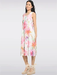 A-line Floral Print Sleeveless Midi Dress with Crisscross Neckline by Cativa