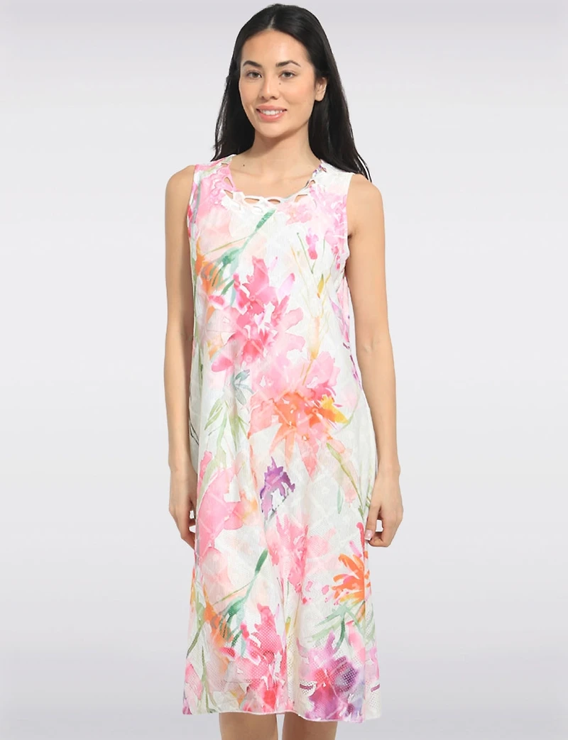 A-line Floral Print Sleeveless Midi Dress with Crisscross Neckline by Cativa