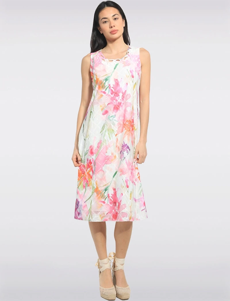 A-line Floral Print Sleeveless Midi Dress with Crisscross Neckline by Cativa