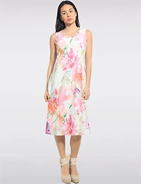 A-line Floral Print Sleeveless Midi Dress with Crisscross Neckline by Cativa