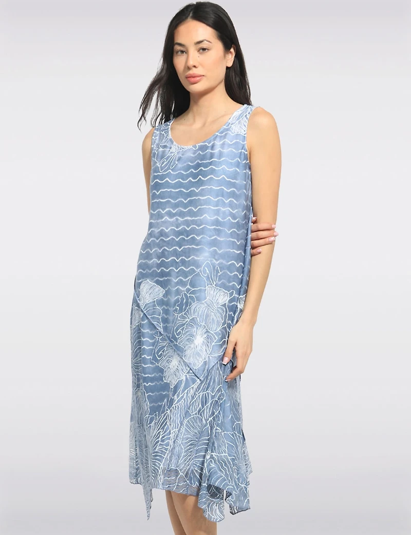 Sleeveless Wave and Burnout Floral Print A-Line Two-Tiered Midi Dress by Cativa