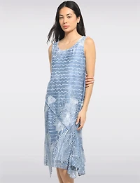 Sleeveless Wave and Burnout Floral Print A-Line Two-Tiered Midi Dress by Cativa