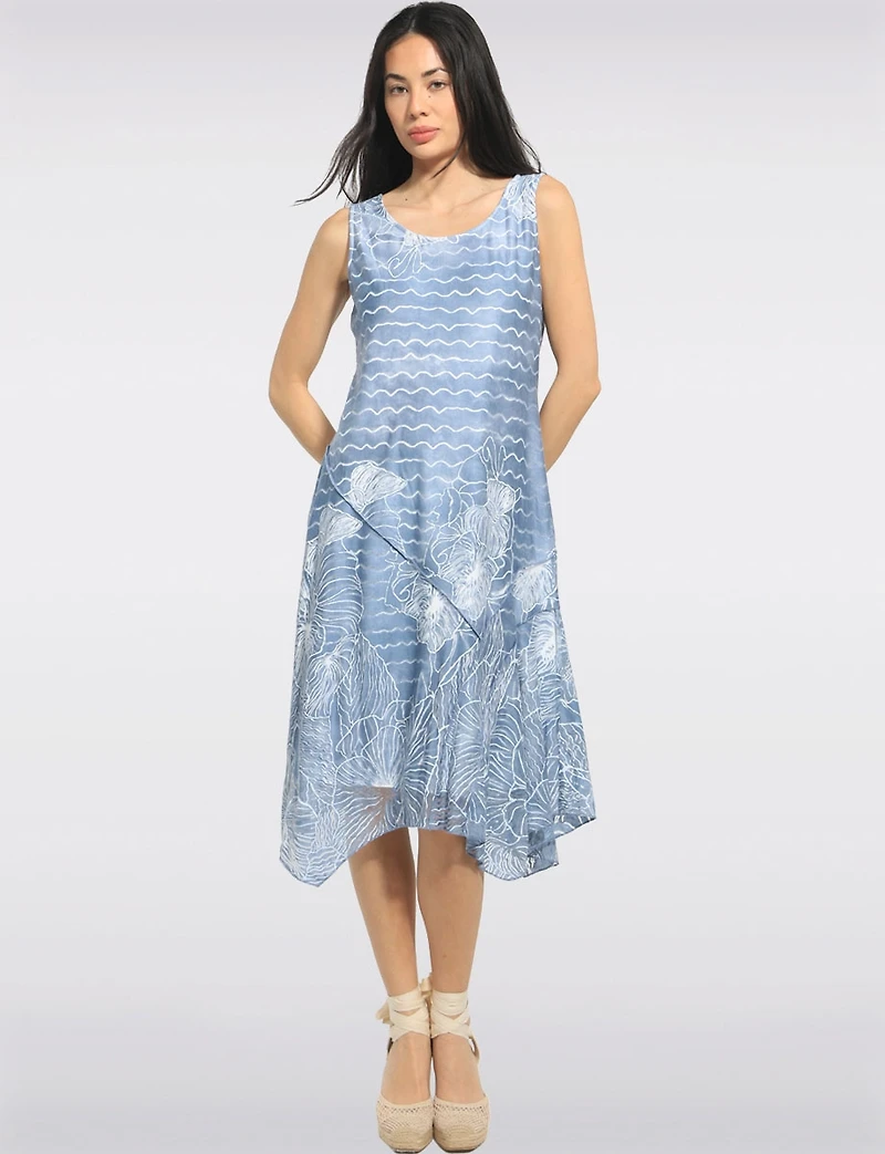 Sleeveless Wave and Burnout Floral Print A-Line Two-Tiered Midi Dress by Cativa