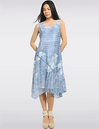 Sleeveless Wave and Burnout Floral Print A-Line Two-Tiered Midi Dress by Cativa