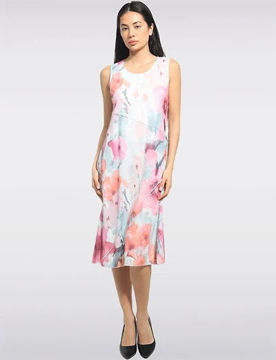 Sleeveless A-line Pink Watercolor Floral Print Lined Mid-length Dress by Cativa