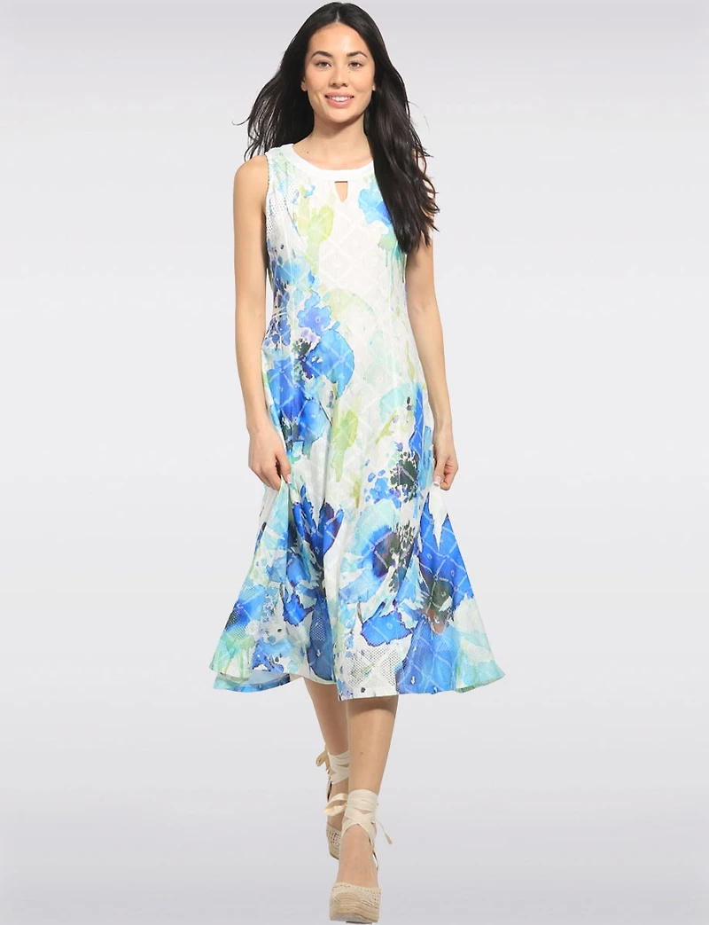 A-line Blue Floral Print Sleeveless Midi Dress with Mesh Detail by Cativa