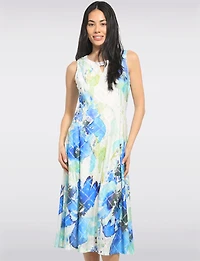 A-line Blue Floral Print Sleeveless Midi Dress with Mesh Detail by Cativa