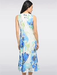 A-line Blue Floral Print Sleeveless Midi Dress with Mesh Detail by Cativa
