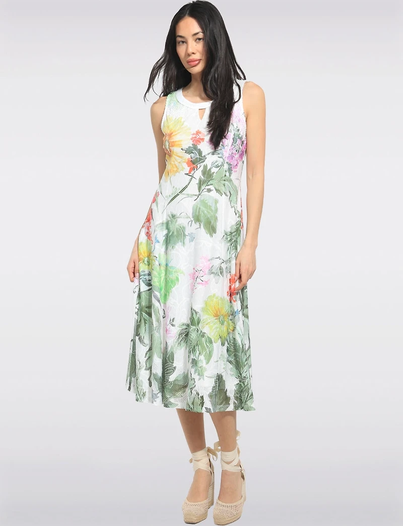 Elegant Sleeveless Green Floral Print A-line Midi Dress & Mesh Accents by Cativa