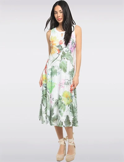 Elegant Sleeveless Green Floral Print A-line Midi Dress & Mesh Accents by Cativa