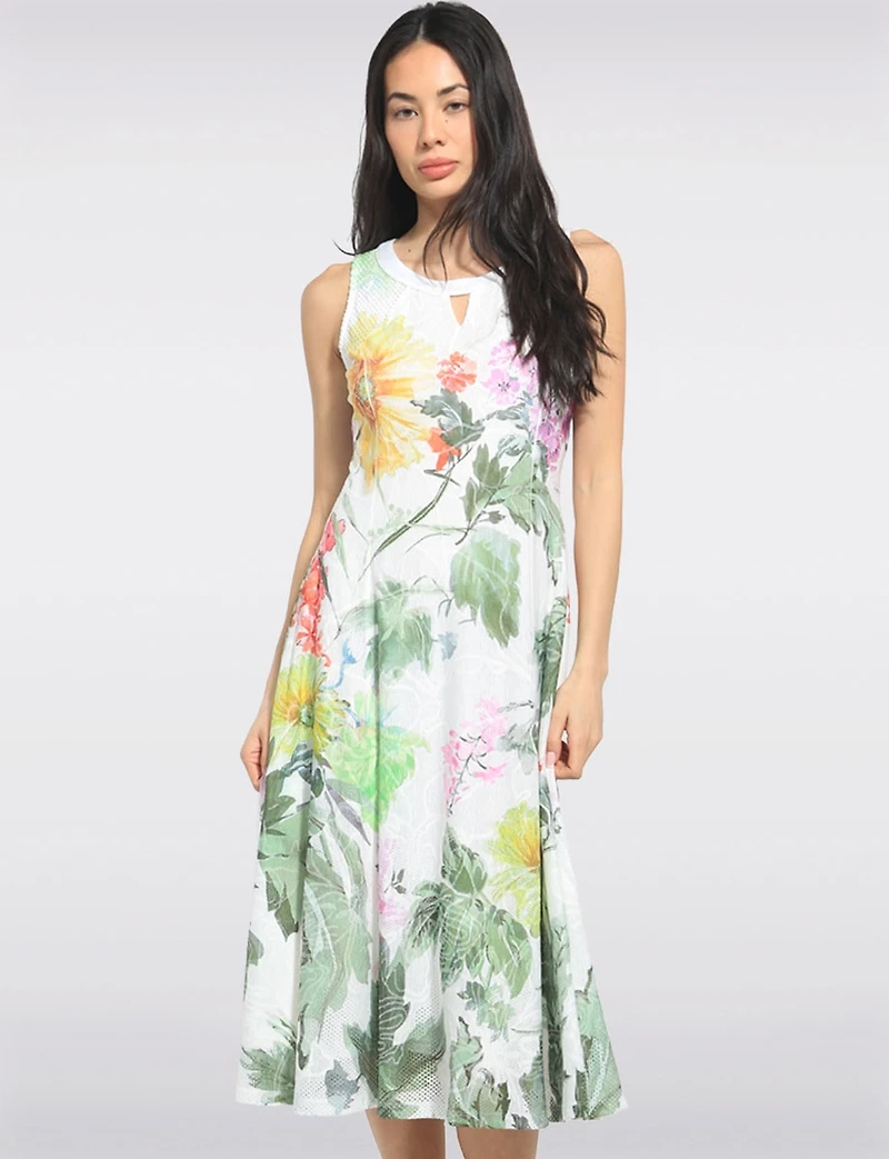 Elegant Sleeveless Green Floral Print A-line Midi Dress & Mesh Accents by Cativa