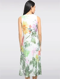 Elegant Sleeveless Green Floral Print A-line Midi Dress & Mesh Accents by Cativa