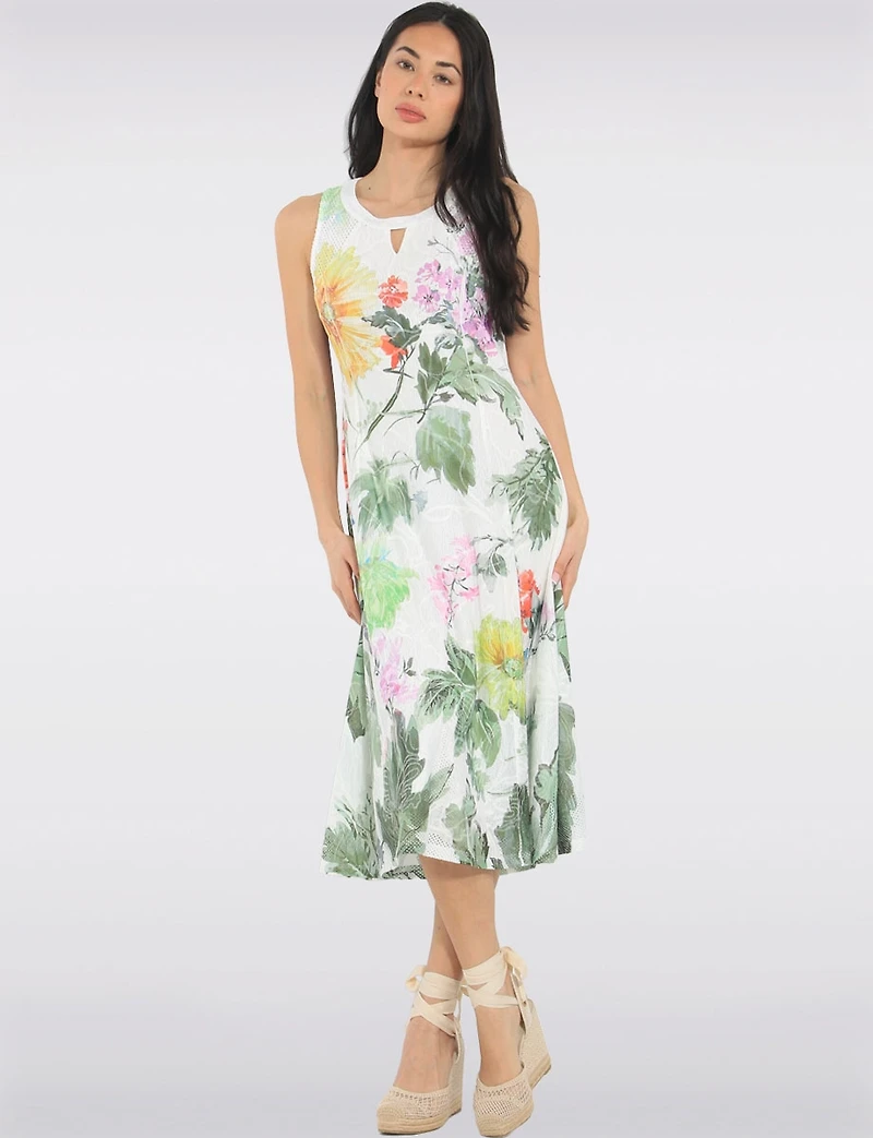 Elegant Sleeveless Green Floral Print A-line Midi Dress & Mesh Accents by Cativa