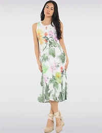Elegant Sleeveless Green Floral Print A-line Midi Dress & Mesh Accents by Cativa