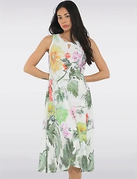 Elegant Sleeveless Green Floral Print A-line Midi Dress & Mesh Accents by Cativa