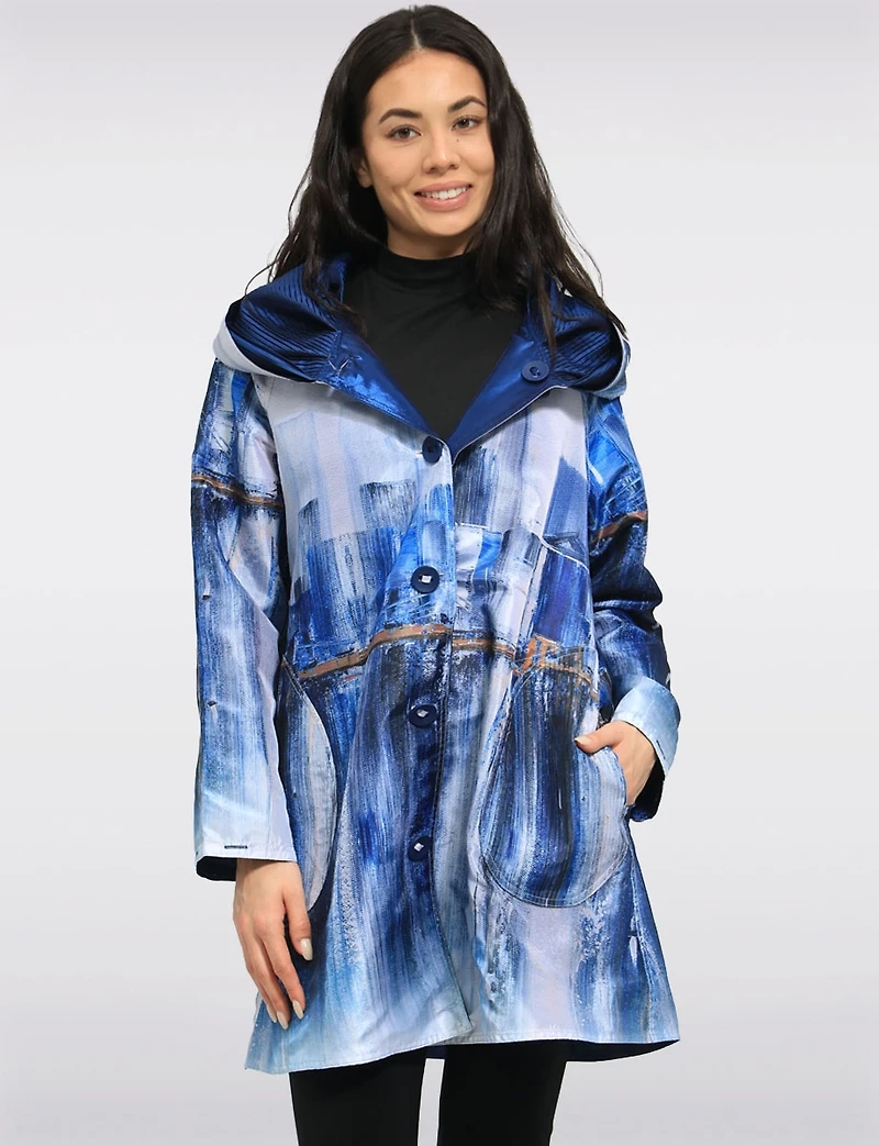 Chic Reversible Waterproof Abstract Printed Raincoat with Accordion Hood Design