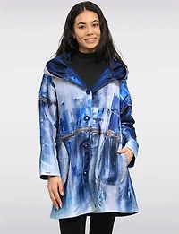 Chic Reversible Waterproof Abstract Printed Raincoat with Accordion Hood Design