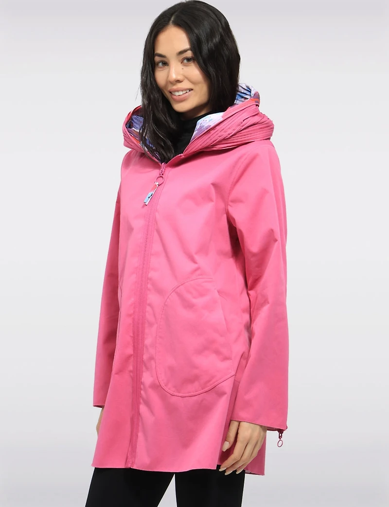 Chic Reversible Waterproof Bold Printed Raincoat with Accordion Hood Design