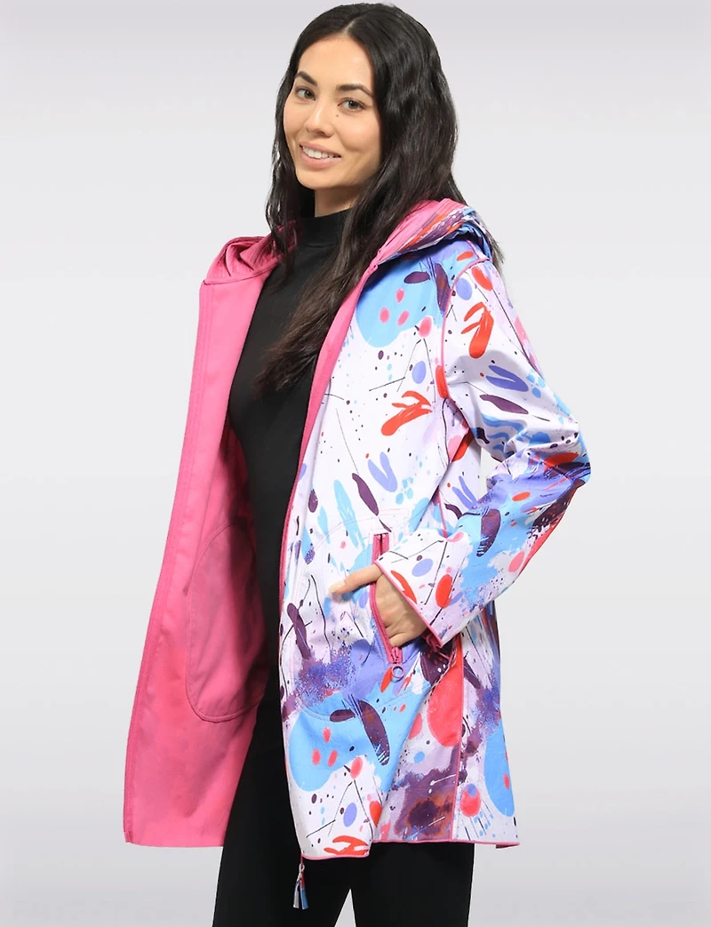 Chic Reversible Waterproof Bold Printed Raincoat with Accordion Hood Design