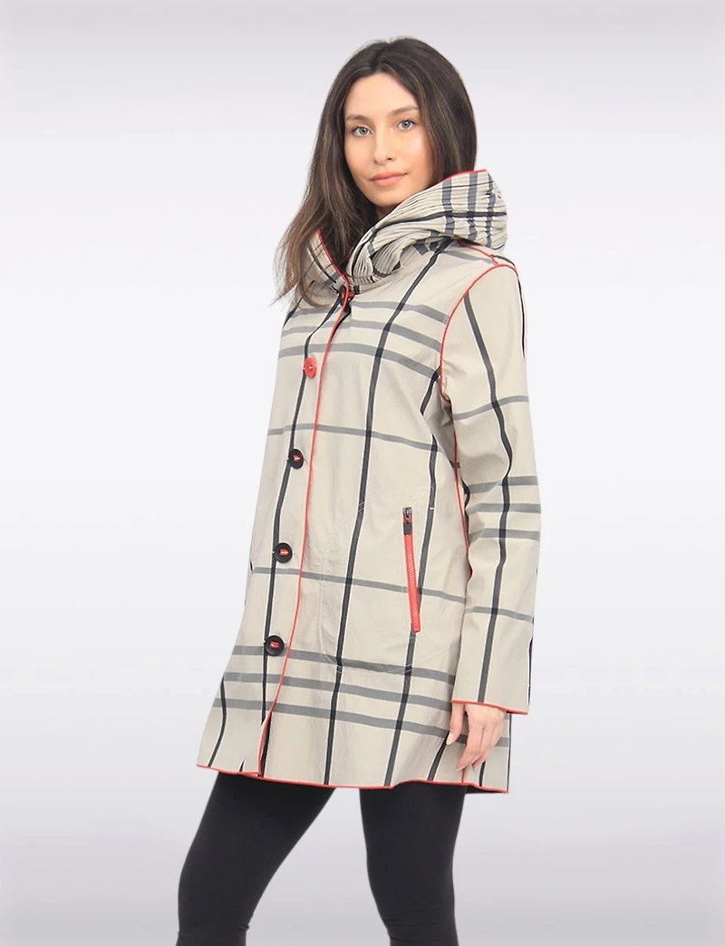 Reversible Waterproof Plaid Hooded Raincoat –Accordion Hood Detail with Red Trim