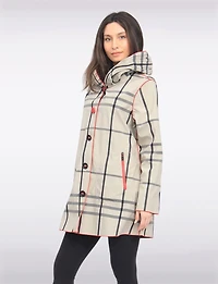 Reversible Waterproof Plaid Hooded Raincoat –Accordion Hood Detail with Red Trim
