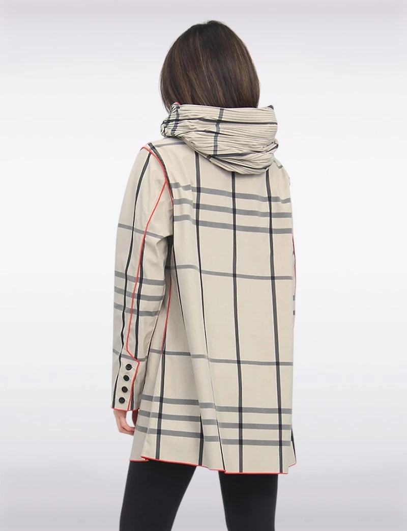 Reversible Waterproof Plaid Hooded Raincoat –Accordion Hood Detail with Red Trim