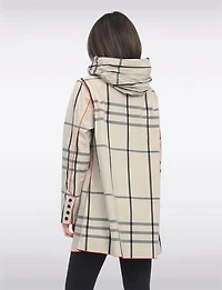 Reversible Waterproof Plaid Hooded Raincoat –Accordion Hood Detail with Red Trim