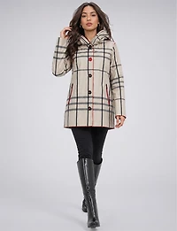 Reversible Waterproof Plaid Hooded Raincoat –Accordion Hood Detail with Red Trim