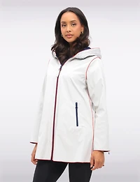 Chic Reversible Waterproof Raincoat with Accordion Style Hood & Red Trim Details
