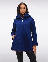 Chic Reversible Waterproof Raincoat with Accordion Style Hood & Red Trim Details