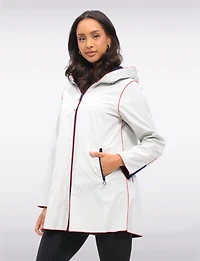 Chic Reversible Waterproof Raincoat with Accordion Style Hood & Red Trim Details