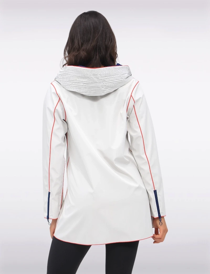 Chic Reversible Waterproof Raincoat with Accordion Style Hood & Red Trim Details