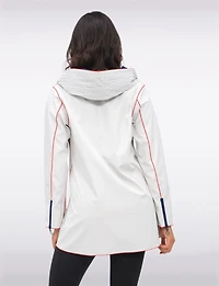 Chic Reversible Waterproof Raincoat with Accordion Style Hood & Red Trim Details