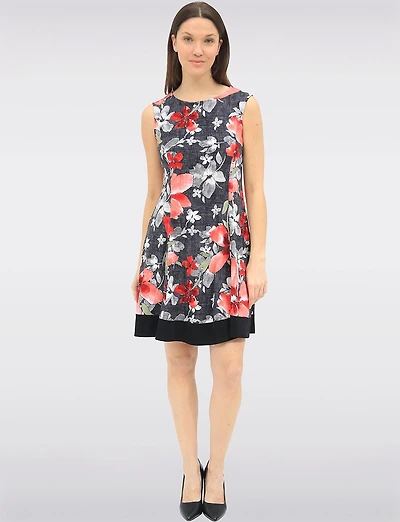 A-line Sleeveless Red-Floral Printed Dress with Contrast Black Hem by Perle