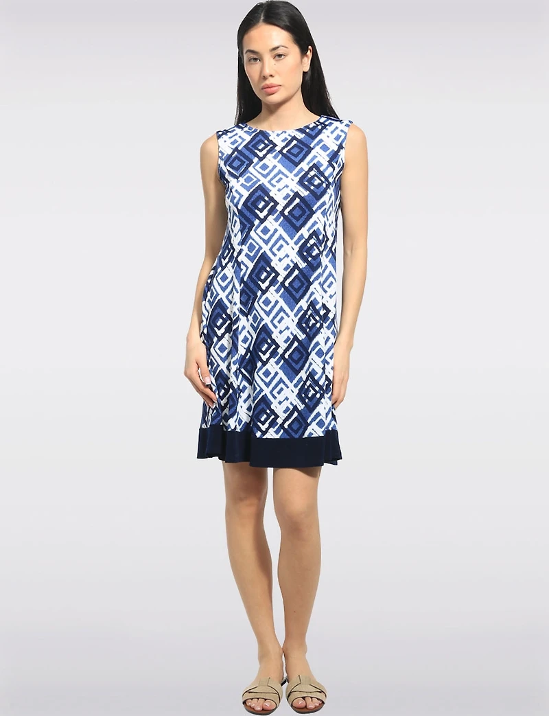A-line Sleeveless Geometric Printed Dress with Contrast Hem by Perle