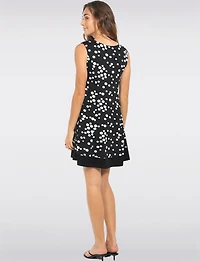 Sleeveless Polka-Dot Printed Navy A-Line Dress with Black Band Hem by Perle